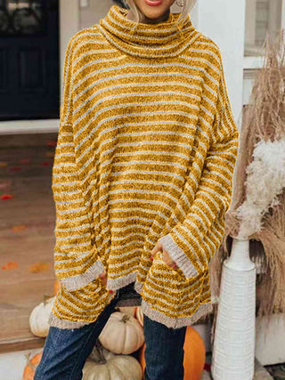 Striped Turtleneck Sweater with Pockets