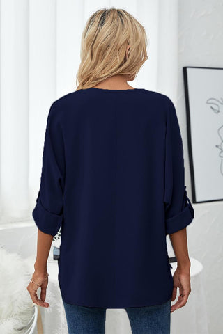 Roll-Tab Sleeve V-Neck Blouse