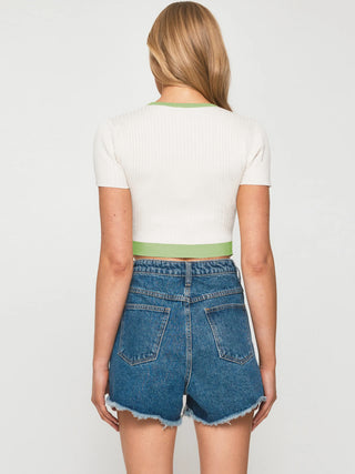 Contrast Trim Pointed Hem Ribbed Crop Top