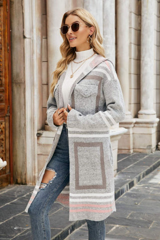 Printed Open Front Hooded Longline Cardigan