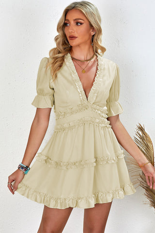 Frill Trim Short Puff Sleeve Plunge Dress