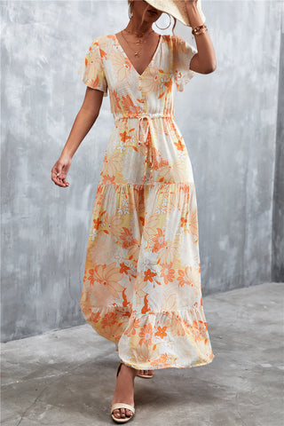 Floral Buttoned Drawstring Waist Tiered Dress