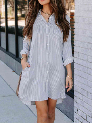 Striped Button Up Collared Neck Long Sleeve Shirt Dress