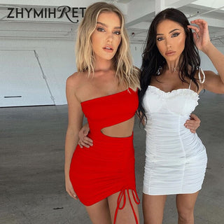 ZHYMIHRET Elegant One Shoulder Dress Hollow Out Waist Ruched Vestidos Mujer Lace Up Mini Bodycon Dress 2021 Summer Sukienka