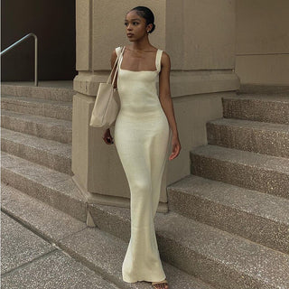 Summer Sleeveless Ribbed Tank Dress for Women Elegant Square Neck Maxi Dress Club Partywear Sexy Straps Casual Long Outfits 2022