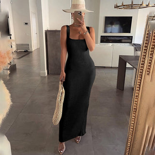 Summer Sleeveless Ribbed Tank Dress for Women Elegant Square Neck Maxi Dress Club Partywear Sexy Straps Casual Long Outfits 2022