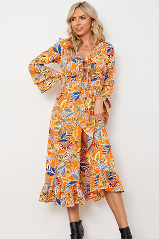 Printed Layered Flare Sleeve Split Tied Dress