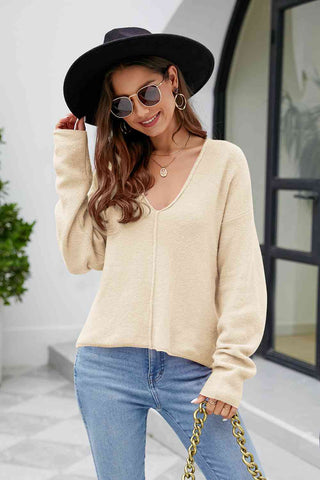 V-Neck Drop Shoulder Long Sleeve Knit Top