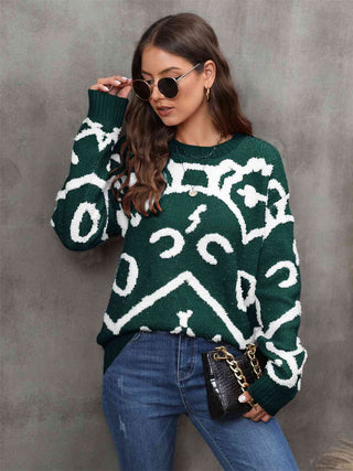 Printed Round Neck Long Sleeve Sweater