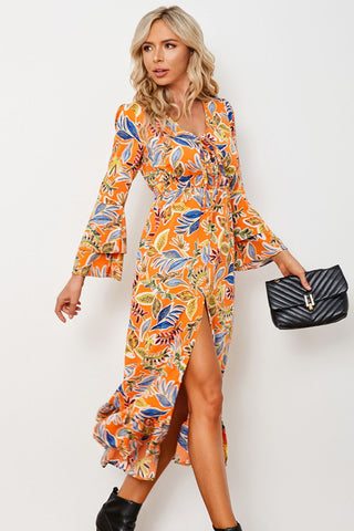 Printed Layered Flare Sleeve Split Tied Dress