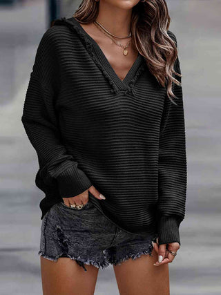 Ribbed Fringed V-Neck Hooded Sweater